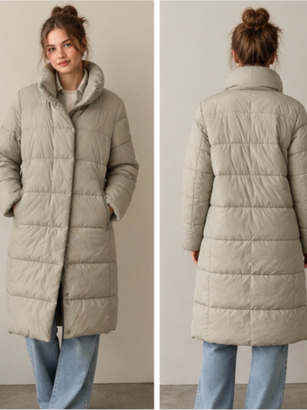 Banana Republic Long Oversized Funnel-Neck Puffer Coat Gray Taupe Size S
